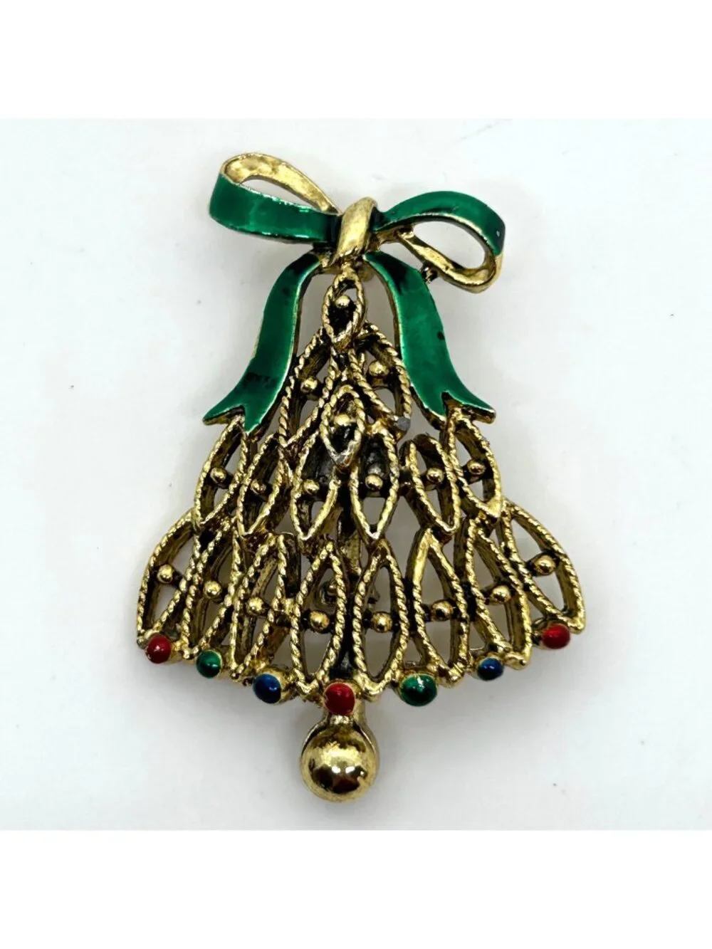 Vintage Christmas Tree Bell-Shape Brooch Gold Tone Green Enamel Bow Holiday Pin